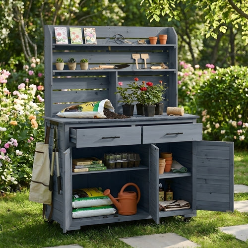 65''H Large Garden Potting Bench with Lockable Wheels and Storage