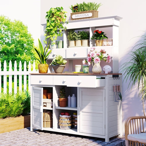 65.7'' H Tall Fir Wood Garden Potting Bench Table with Hutch