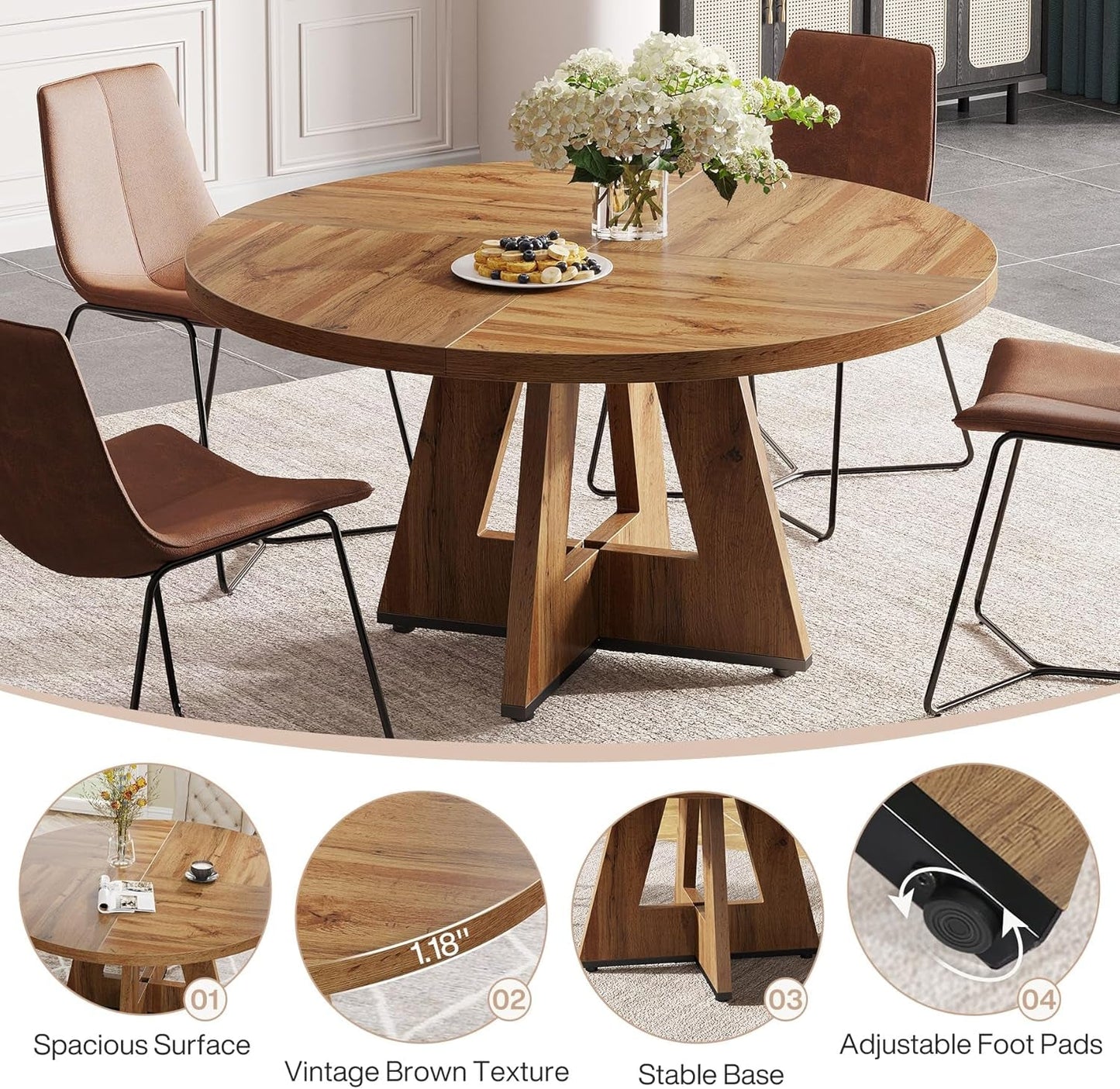 Round 47 Inch Farmhouse Dining Table for Four - Wood