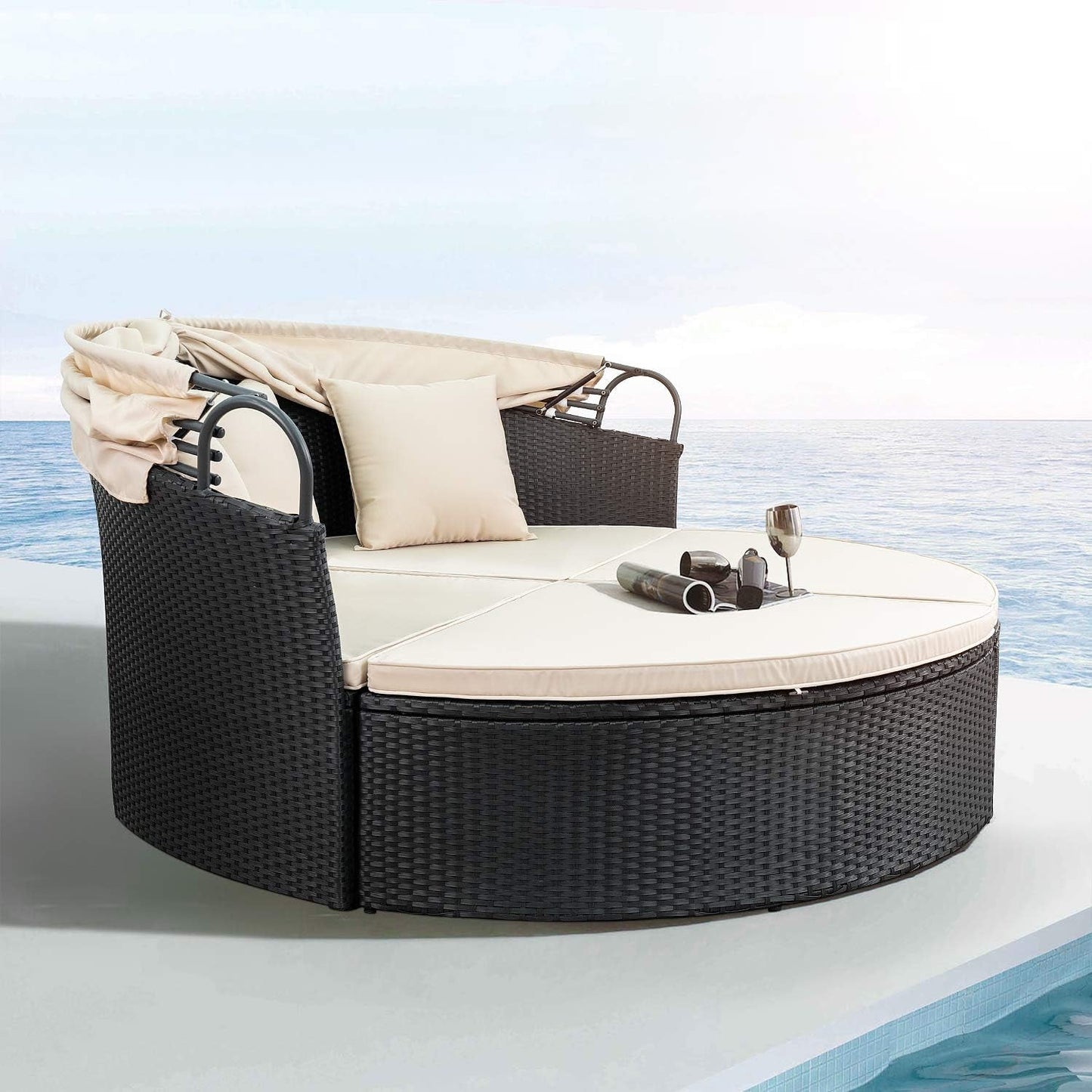 Outdoor Round Daybed With Canopy Wicker Patio Sofa