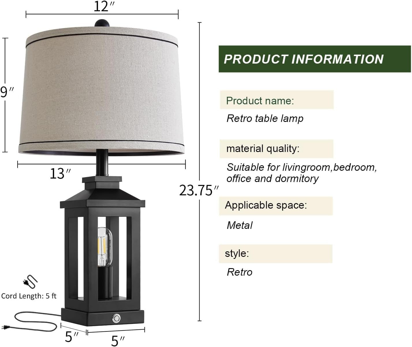 Retro Black Table Lamps Set with Touch Control & USB Ports