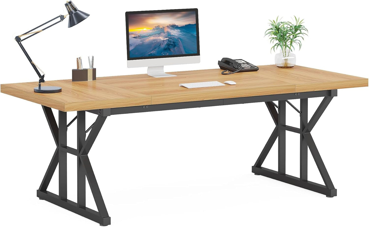 70.8 Inch Executive Desk Light Walnut Black Large Computer Office Desk