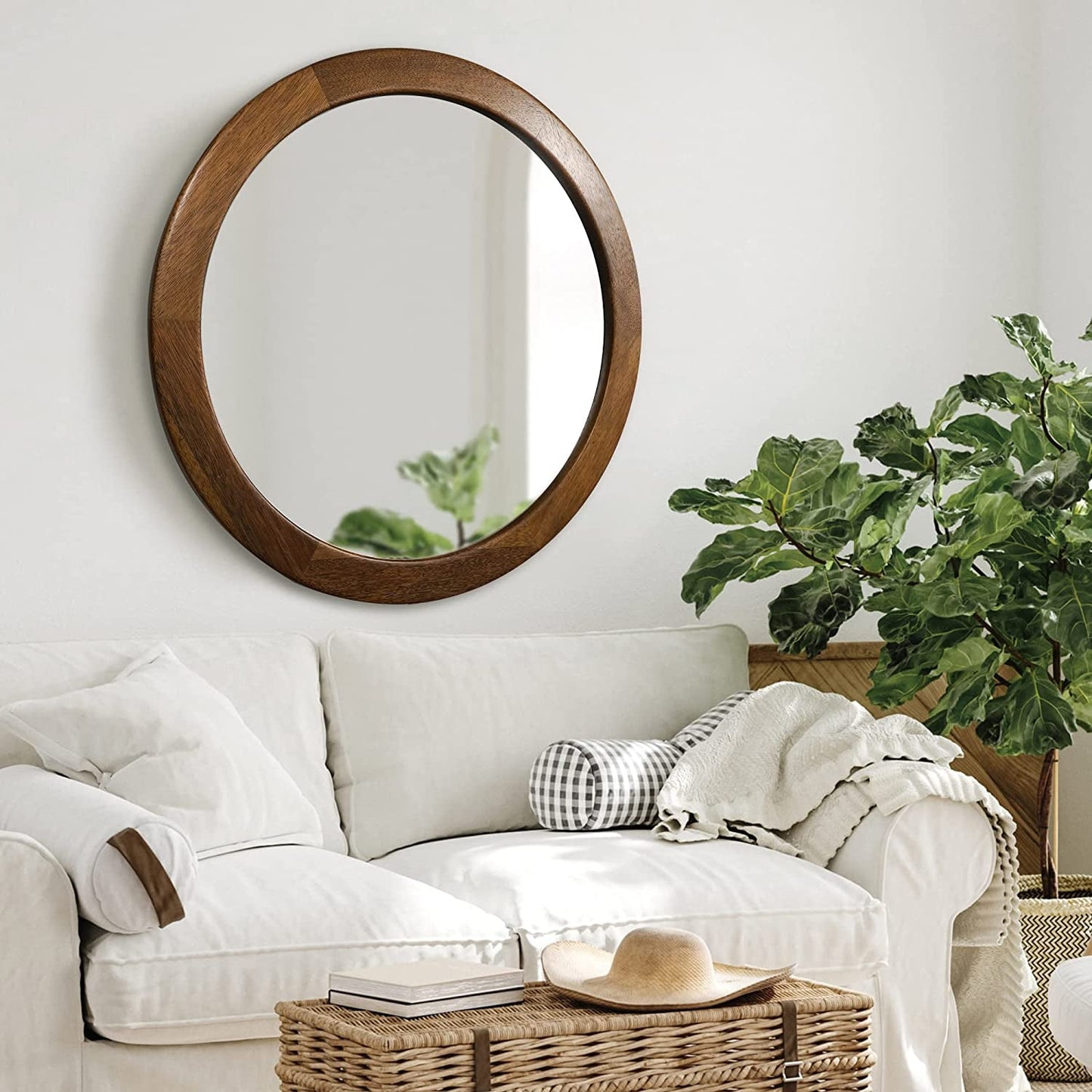 Walnut Frame Rustic Wooden Wall Mirror for Bedroom Decor
