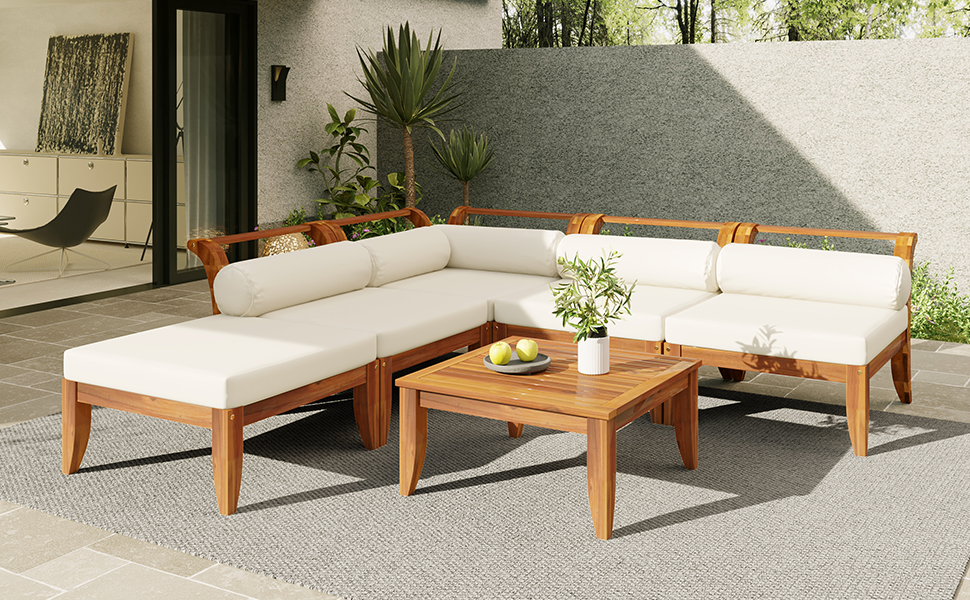 6 Piece Acacia Wood Modular Patio Sofa Set with Cushions