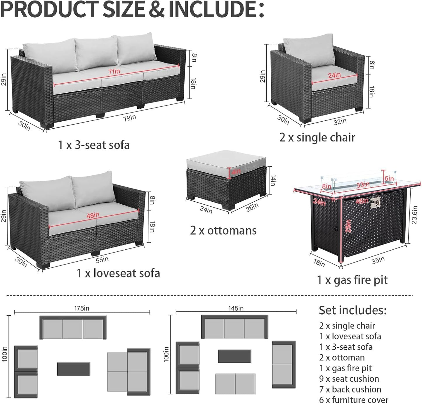 7 Piece Outdoor Furniture Set with 45 Inch Fire Pit