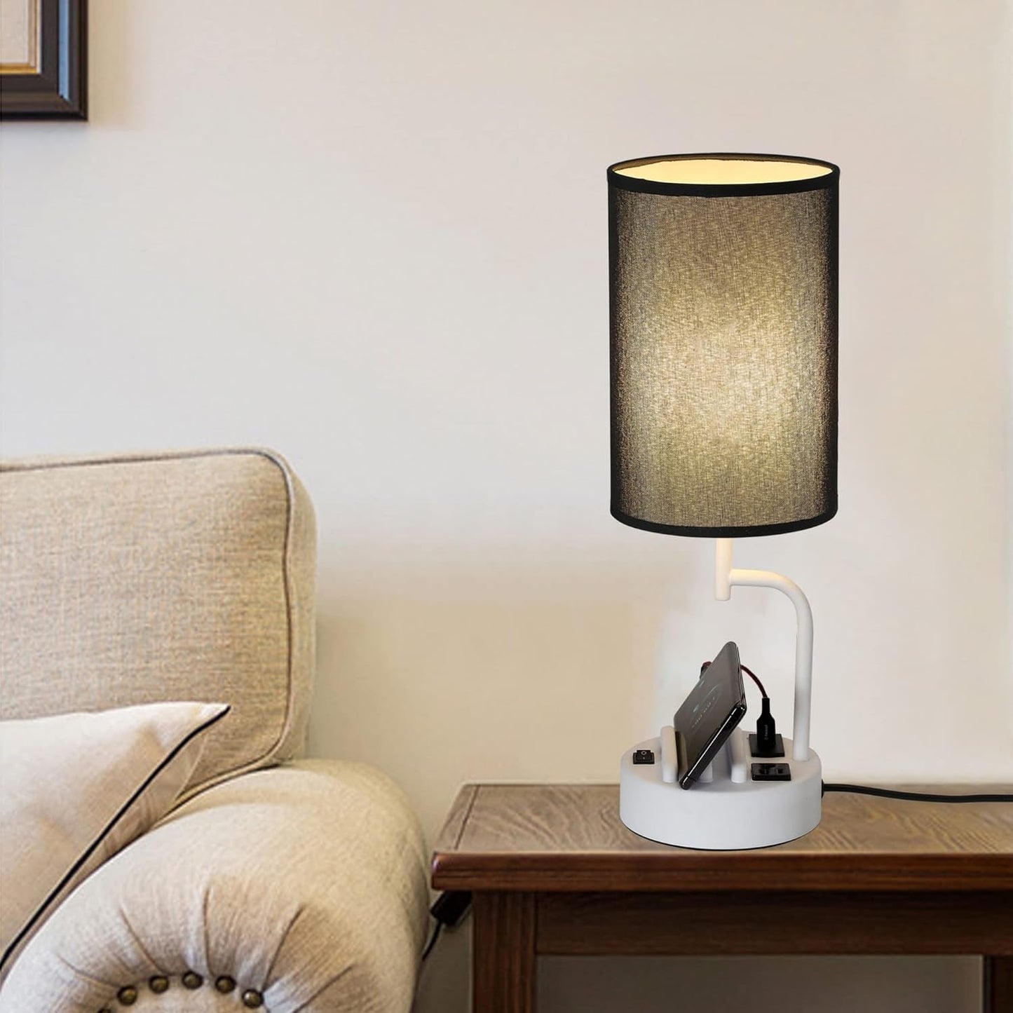 Table Lamp With 3 USB Ports And AC Outlet - White Black