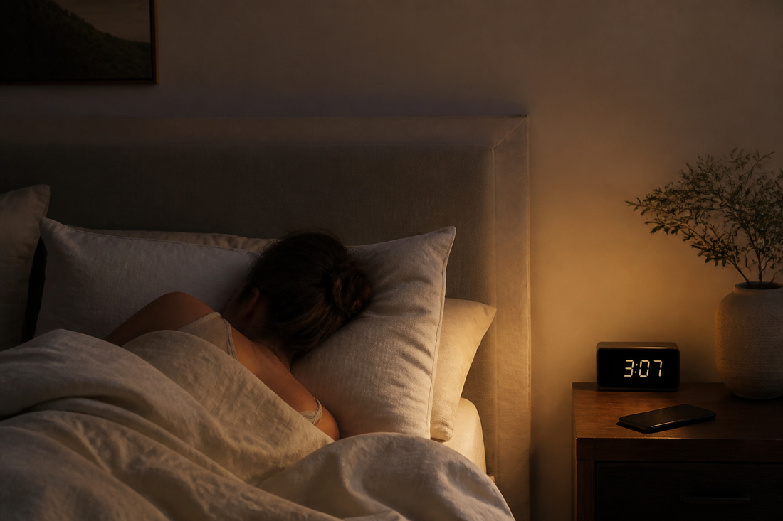 Person awake in a calm bedroom at 3:07 a.m.