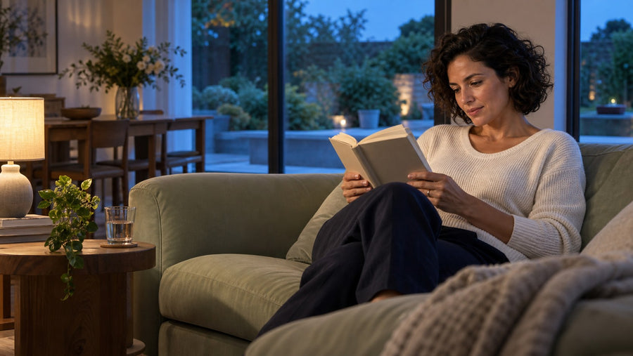 Woman reading on a sofa in a softly lit living room