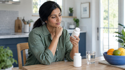 Woman examining a supplement bottle in her kitchen