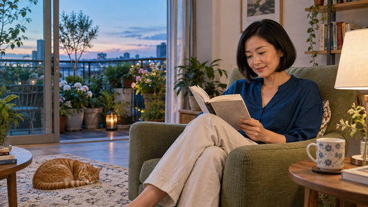 Woman reading in an armchair beside a resting cat
