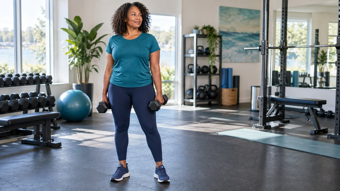 Woman holding dumbbells at her sides in a bright gym