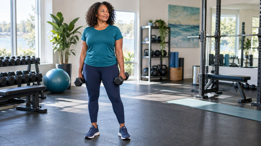 Woman holding dumbbells at her sides in a bright gym