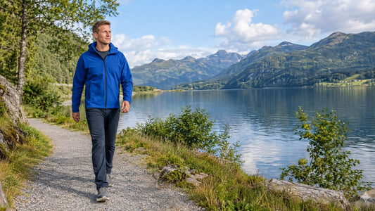 Man enjoying a walk beside a mountain lake