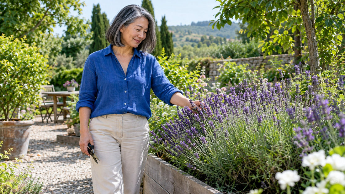 Woman tending lavender in a sunny garden