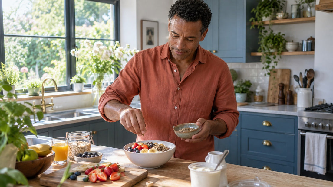 Man preparing a bowl of fruit and yoghurt in his kitchen