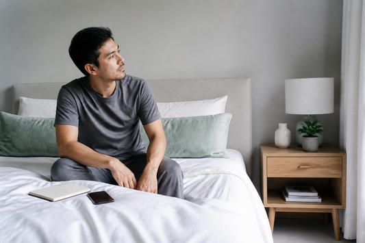 A calm adult sitting on the edge of the bed during a quiet evening wind-down