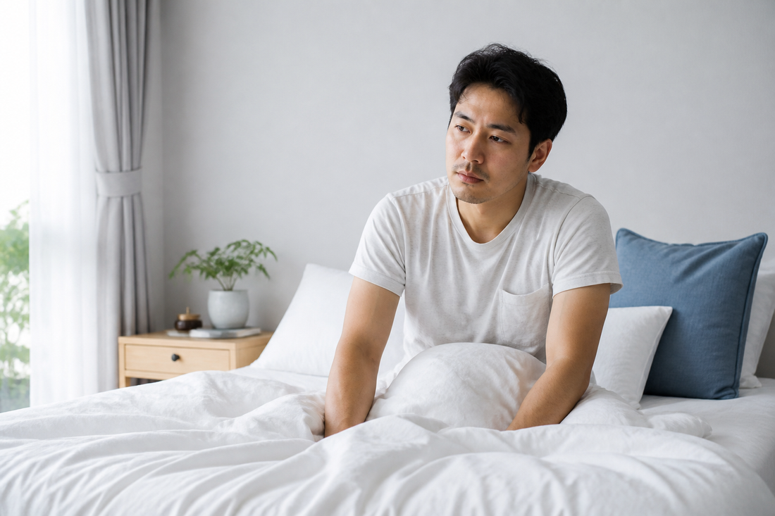 A person waking tired in a bright, clean bedroom