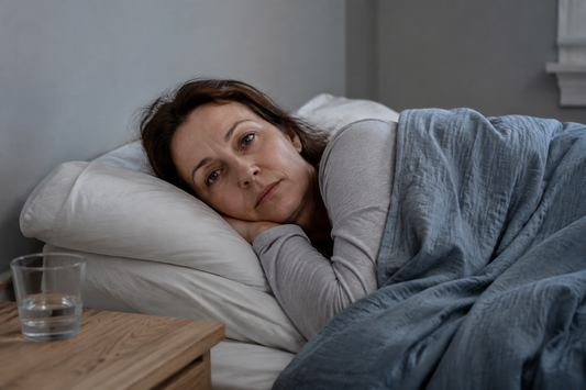 Woman lying quietly awake on a white pillow beneath a blue-grey duvet in a softly lit bedroom.