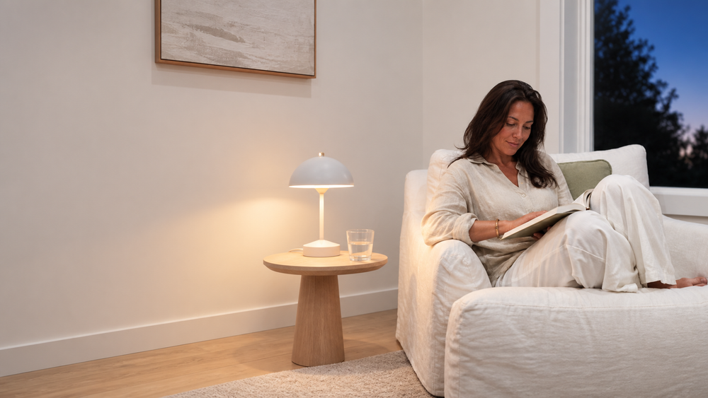 Woman reading in a white linen armchair beside a lamp and glass of water at dusk.