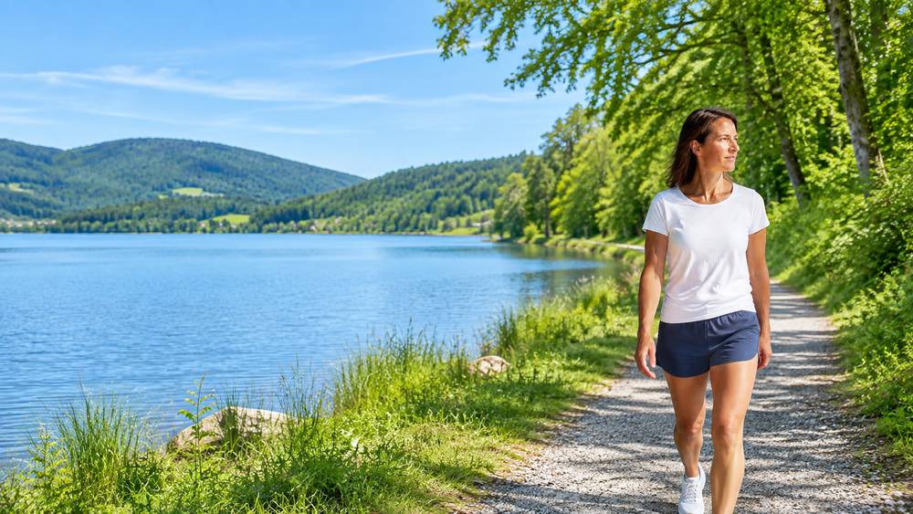 Woman in a white T-shirt and blue shorts walking beside a blue lake and green trees.