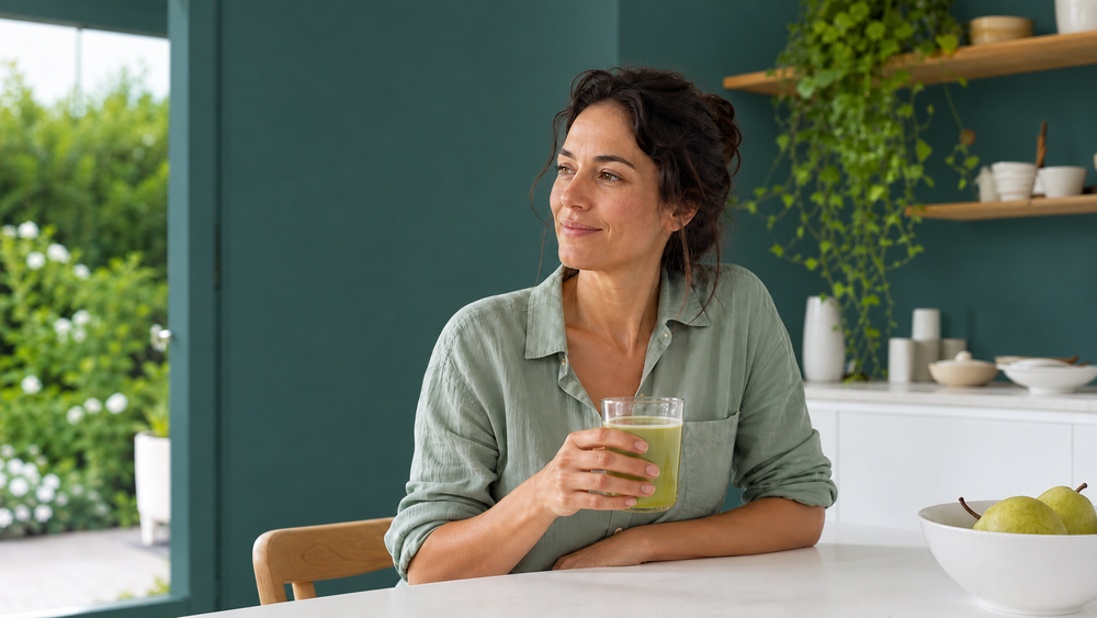 Woman in a sage shirt holding a green drink at a white kitchen table in natural daylight.