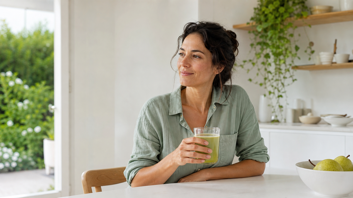 Woman in a sage shirt holding a green drink at a white kitchen table in natural daylight.