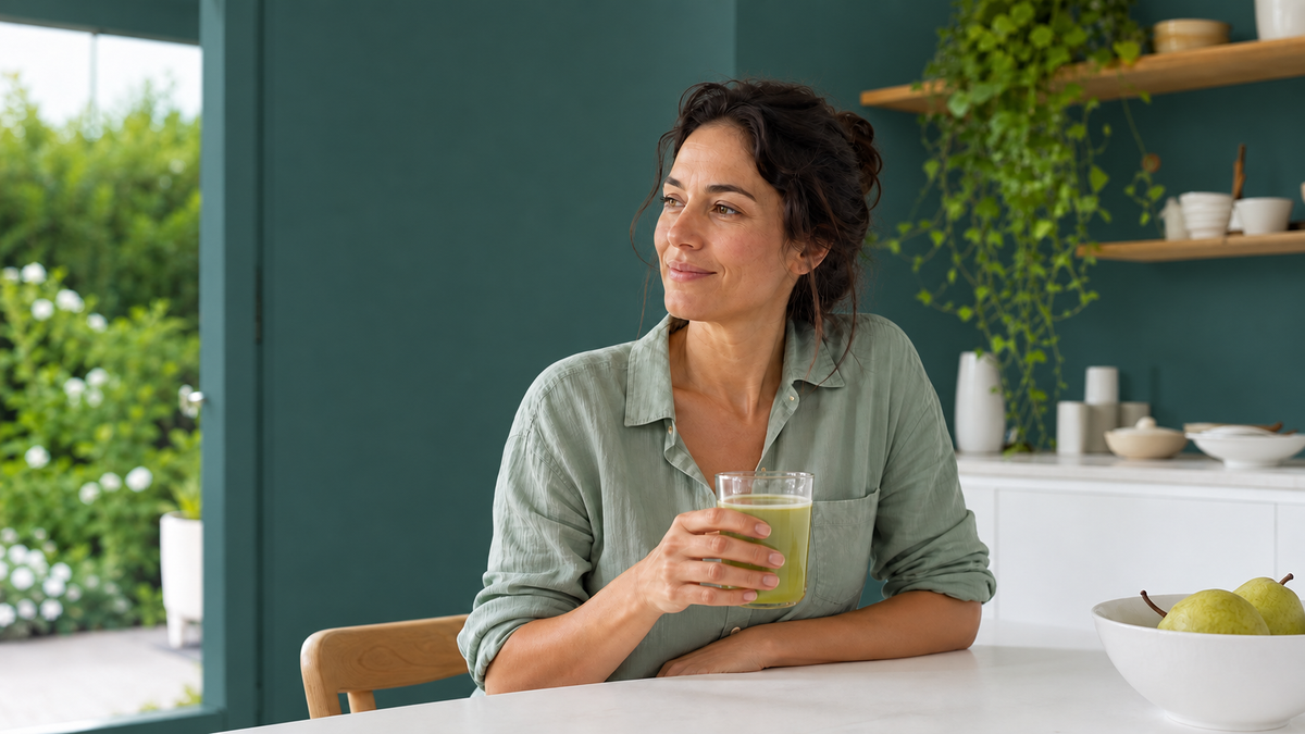Woman in a sage shirt holding a green drink at a white kitchen table in natural daylight.