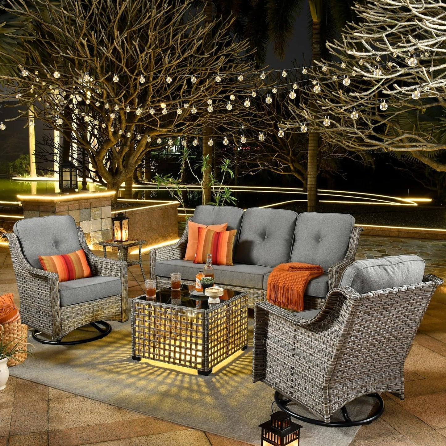 5 Piece Outdoor Patio Set with Swivel Rocking Chairs