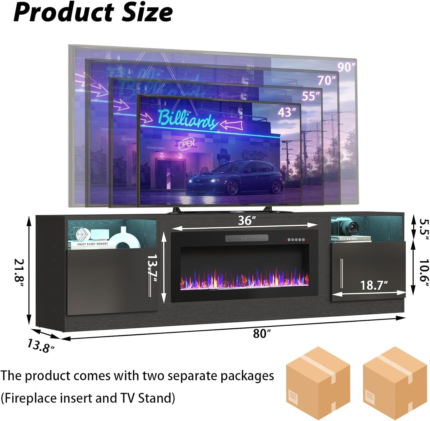 80 Inch TV Stand Electric Fireplace with LED Lighting Black