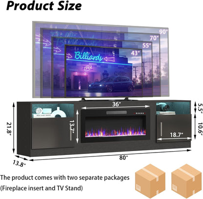 80 Inch TV Stand Electric Fireplace with LED Lighting Black