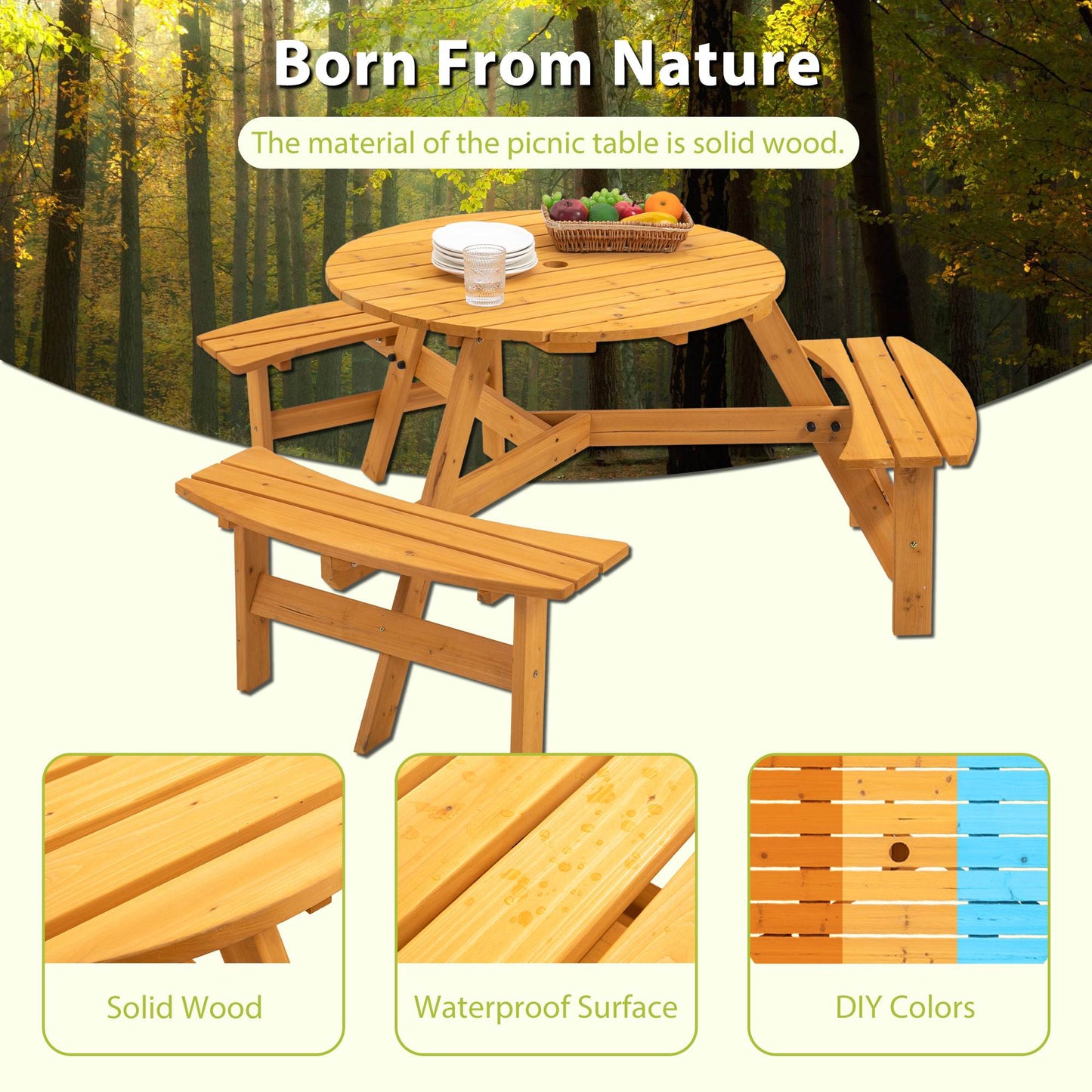 Circular Outdoor Wooden Picnic Table for Patio & Garden