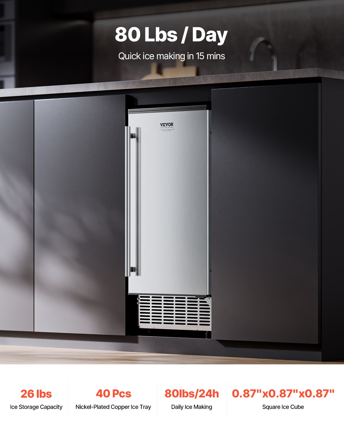 Undercounter Ice Maker 80 Lbs/Day Built-in Ice Maker Machine