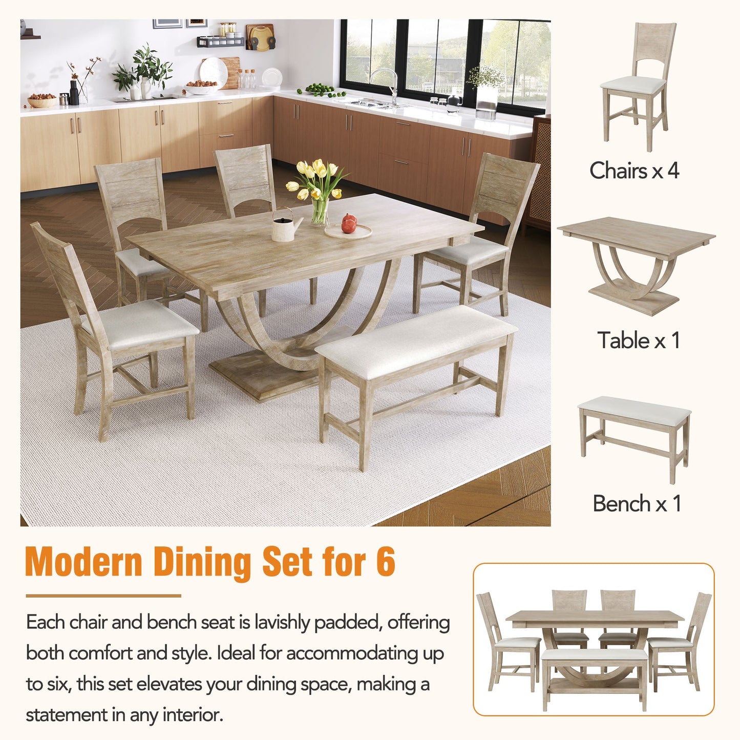TOPMAx 6-Piece Wood Half Round Dining Table Set with Bench