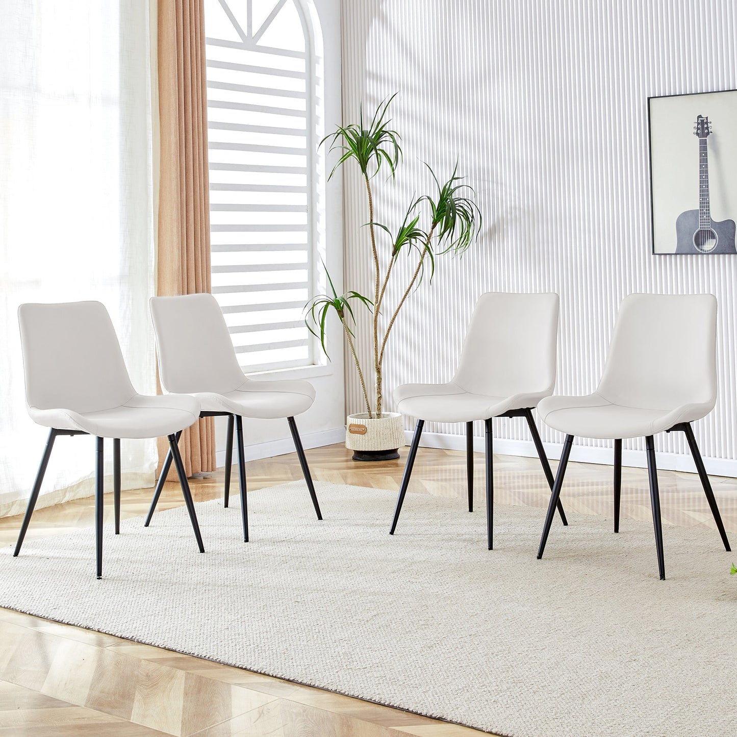 White Artificial Leather Backrest Cushion Dining Chair with Black Metal Legs