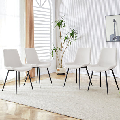 White Artificial Leather Backrest Cushion Dining Chair with Black Metal Legs
