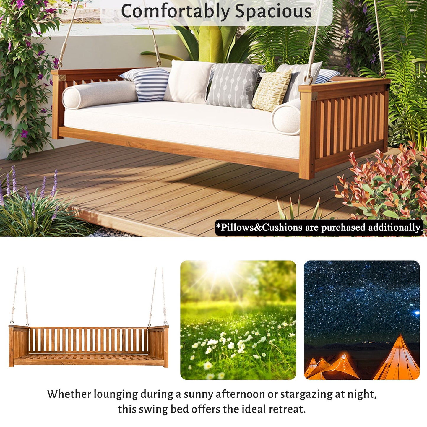 Patio Minimalist Twin Size Garden Swing Bed Wood Porch Swing
