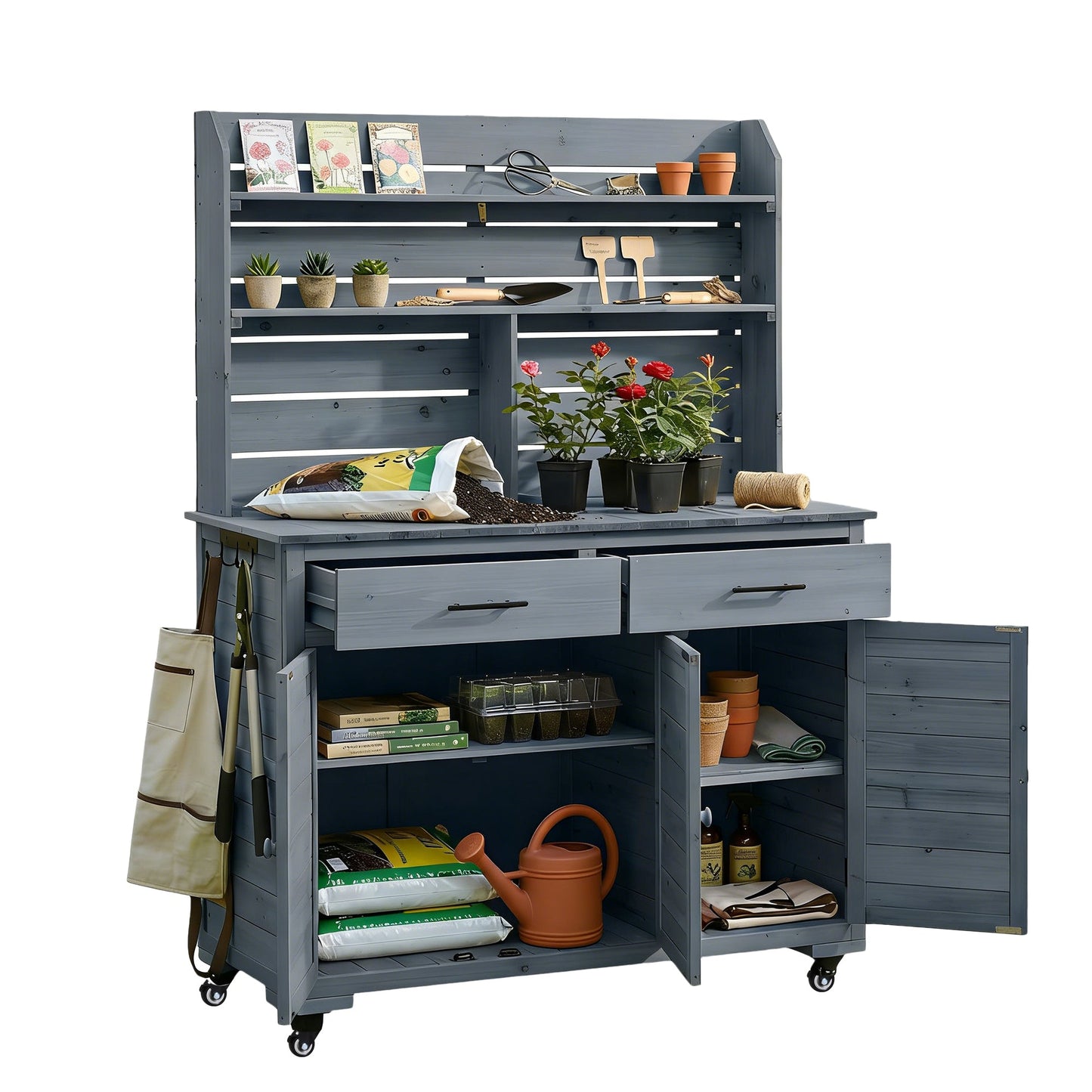 65''H Large Garden Potting Bench with Lockable Wheels and Storage