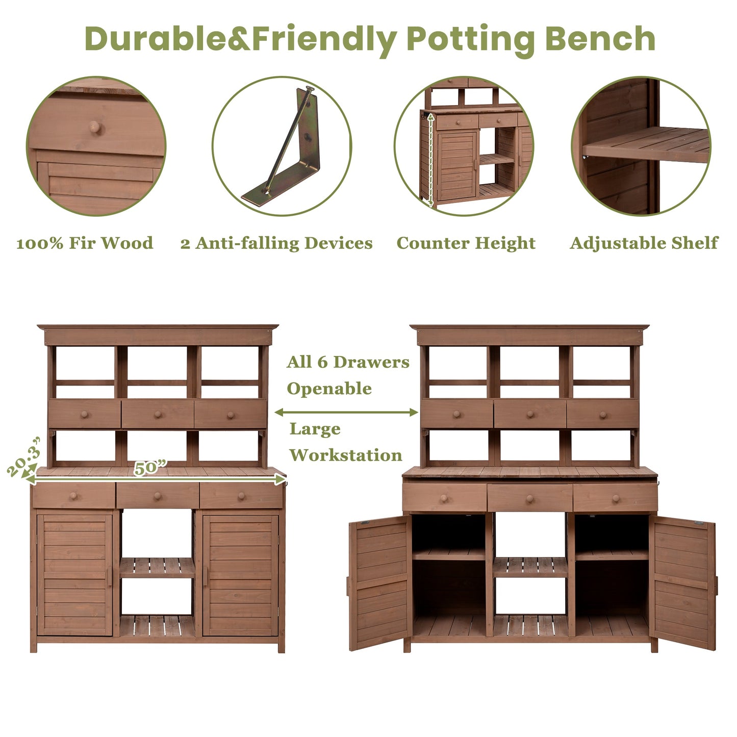 65.7'' H Tall Fir Wood Garden Potting Bench Table with Hutch