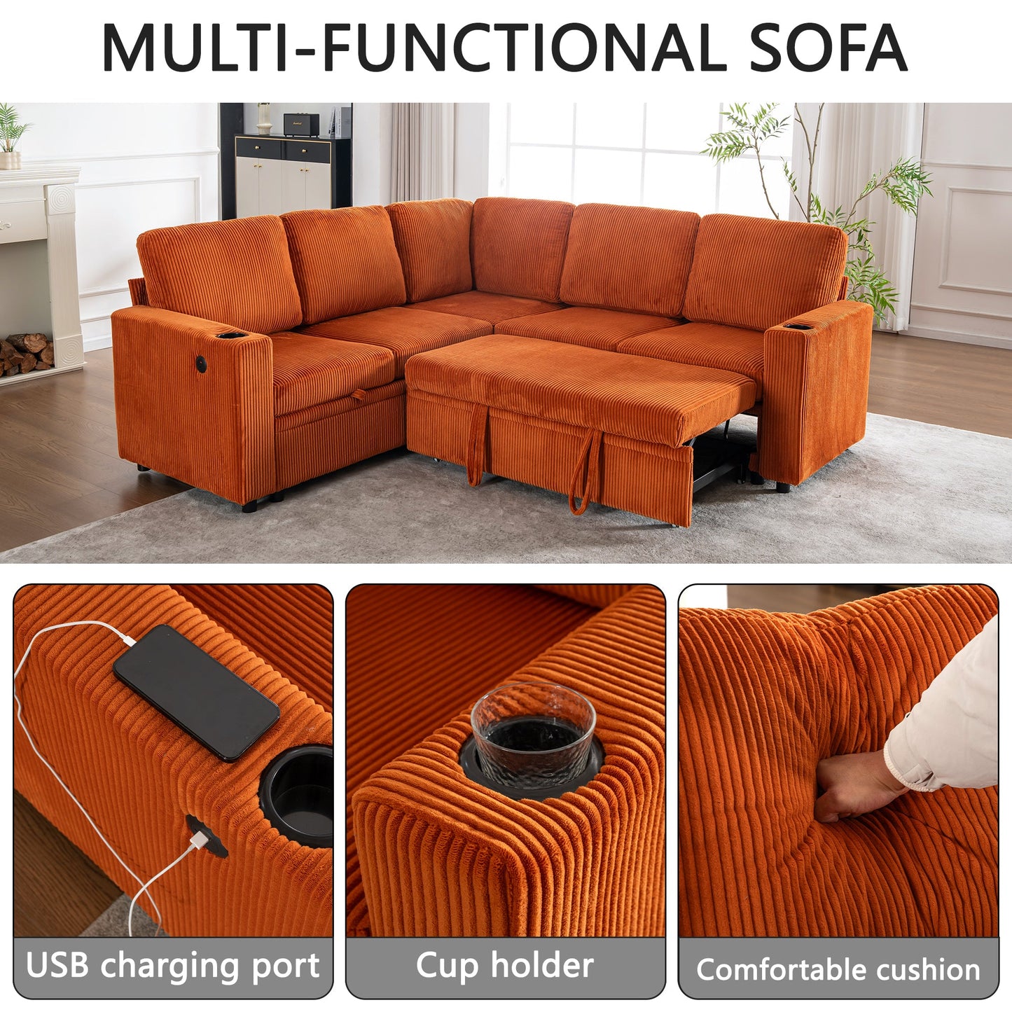 Sectional Sleeper Sofa with Pull Out Bed and USB Charging Ports