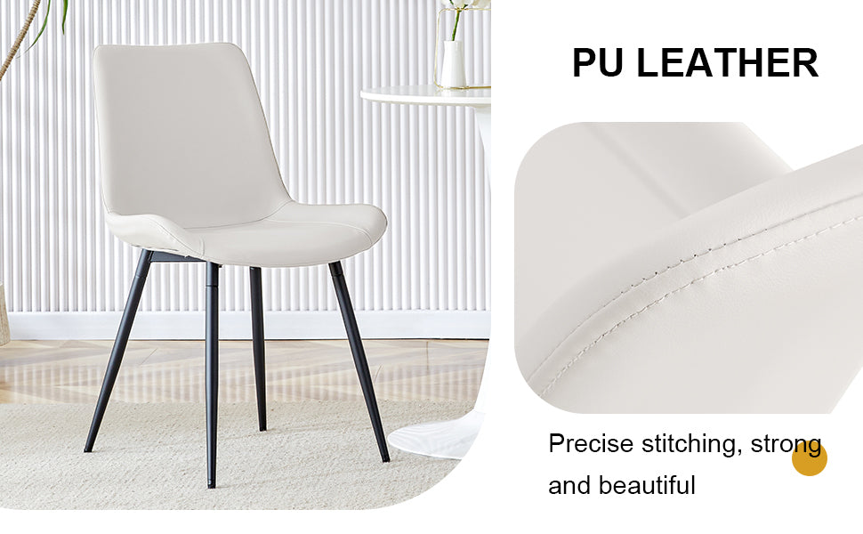 White Artificial Leather Backrest Cushion Dining Chair with Black Metal Legs