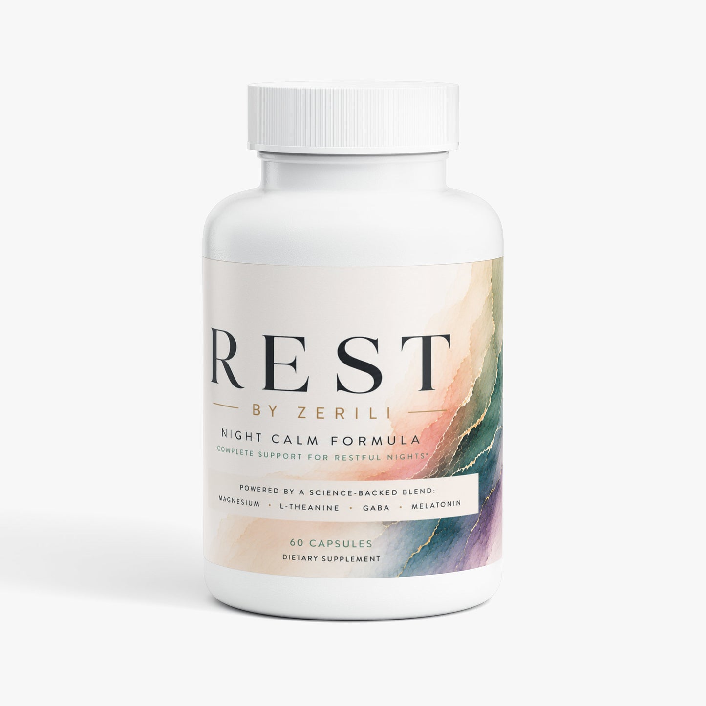 A white plastic bottle of REST by Zerili Night Calm Formula dietary supplement with a white cap, set against a clean white background.