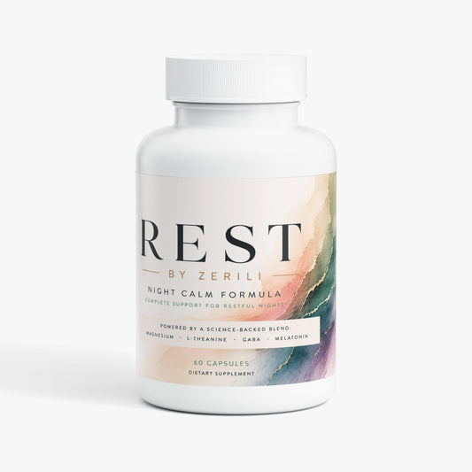 A white plastic bottle of REST by Zerili Night Calm Formula dietary supplement with a white cap, set against a clean white background.