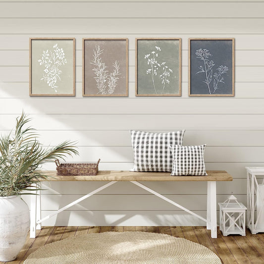 Framed Botanical Wall Art Set of 4 with Walnut 10x10 Frames