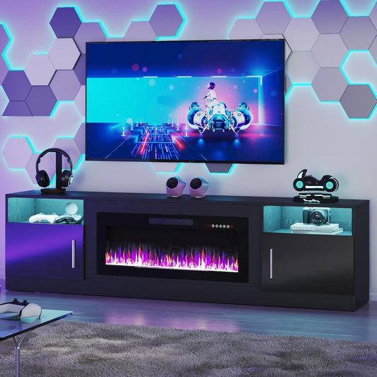 80 Inch TV Stand Electric Fireplace with LED Lighting Black