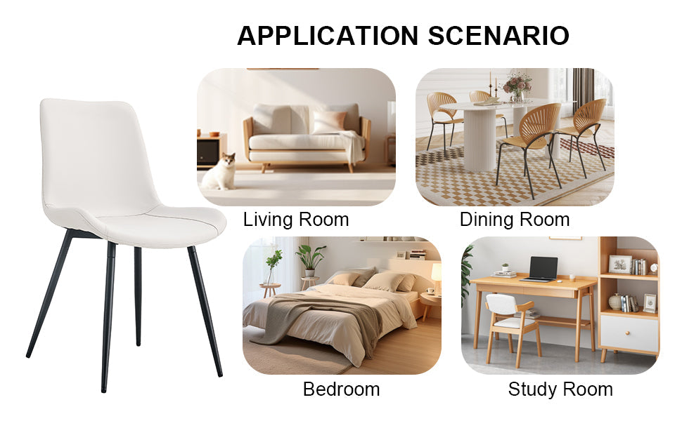White Artificial Leather Backrest Cushion Dining Chair with Black Metal Legs
