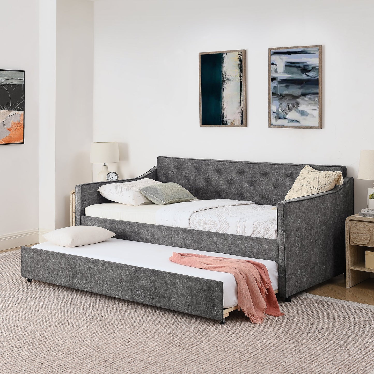 Grey Velvet Mid-Century Style Twin Upholstered Daybed with Pop-Up
