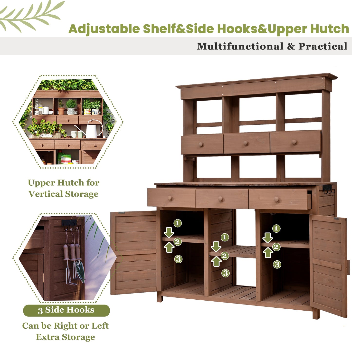 65.7'' H Tall Fir Wood Garden Potting Bench Table with Hutch