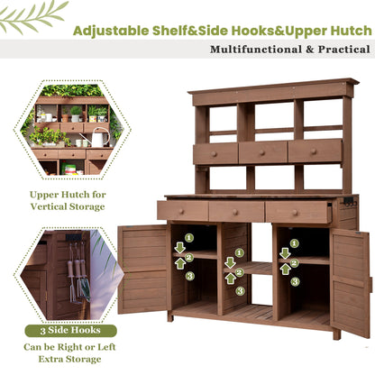 65.7'' H Tall Fir Wood Garden Potting Bench Table with Hutch