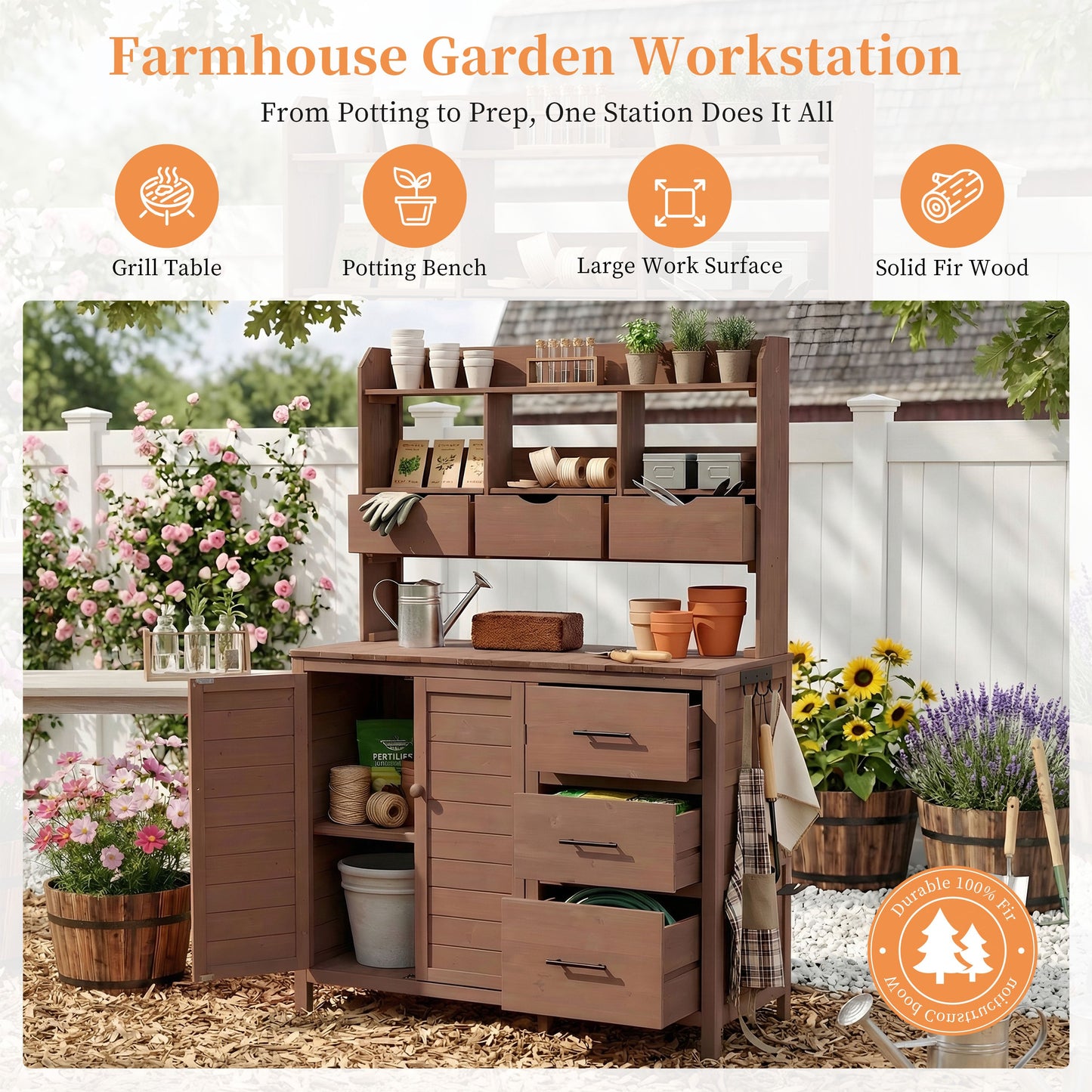Farmhouse Patio Potting Bench, 44.6''x19.5'' Large Freestanding Garden