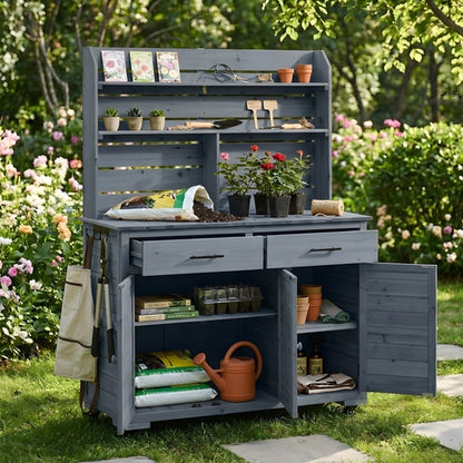 65''H Large Garden Potting Bench with Lockable Wheels and Storage